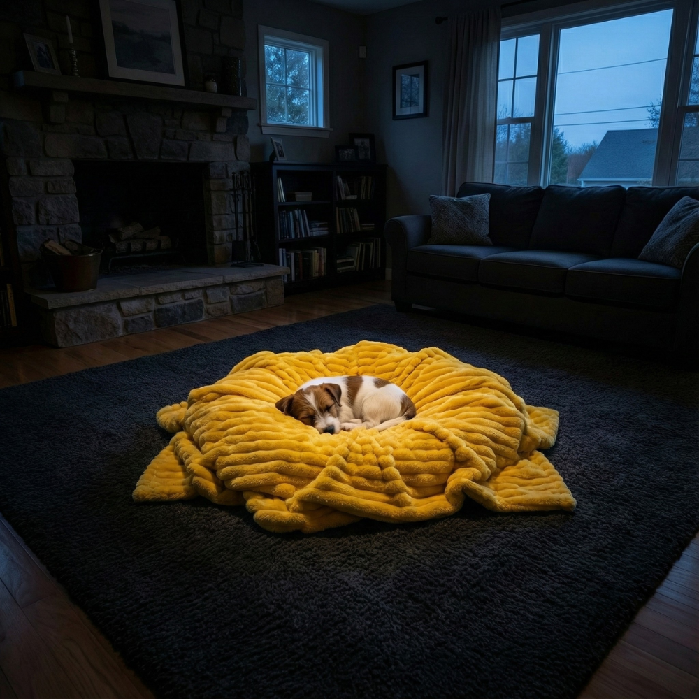 Dog with blanket in grey world